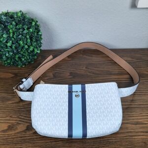 Michael Kors Belt Bag Fanny Pack White Signature Logo Blue Stripe L/XL
